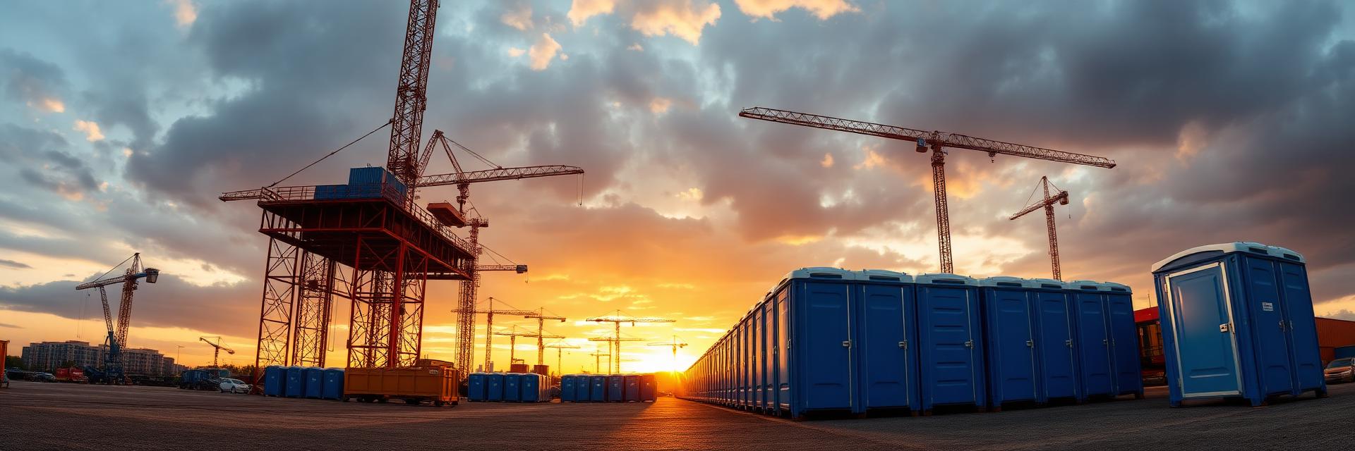 Fleet of porta potties at a construction site at sunrise
